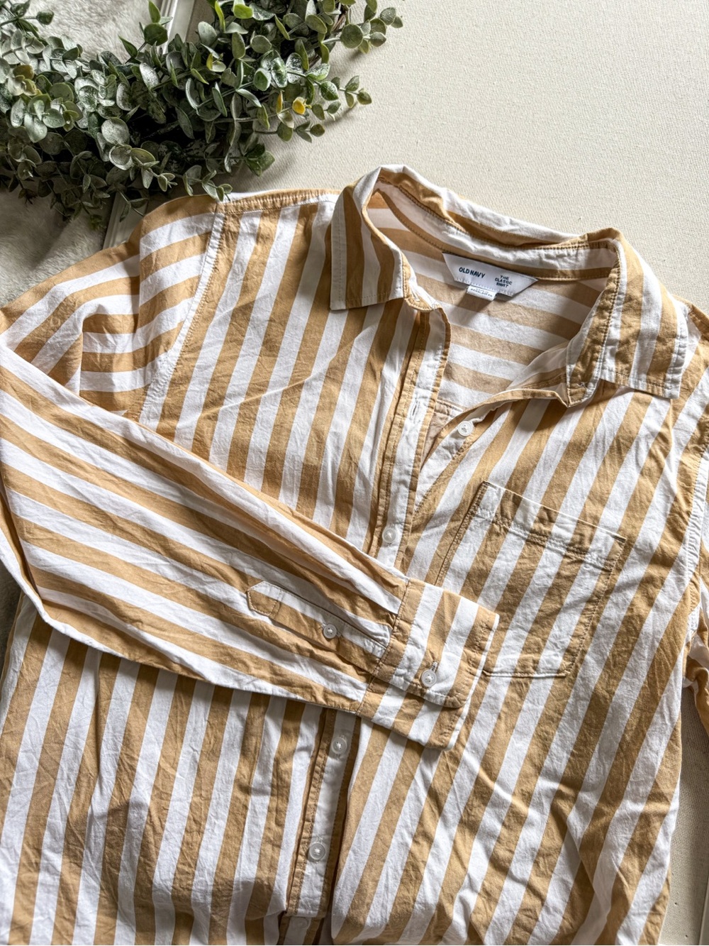 Old Navy Tan White Striped Button Down Shirt Classic Cotton Top Size S